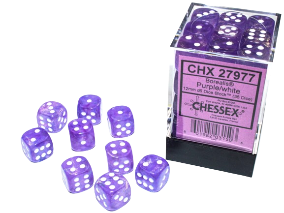 Chessex Borealis Dice Cube 12mm x36 Purple/White