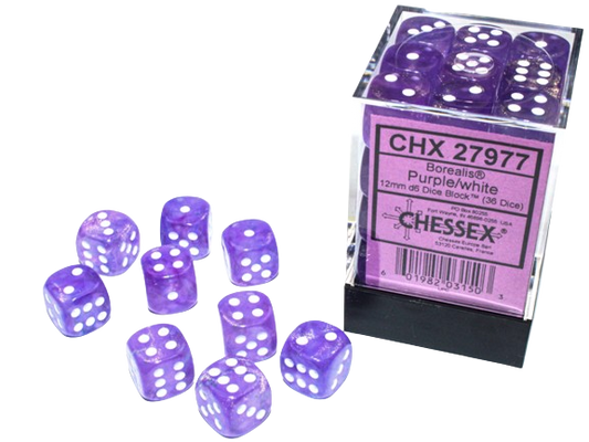 Chessex Borealis Dice Cube 12mm x36 Purple/White