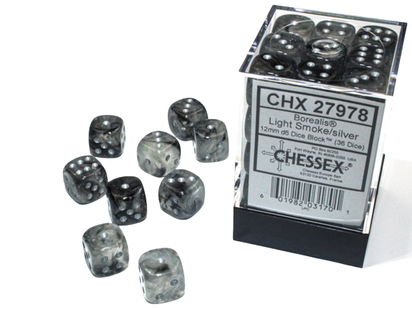 Chessex Borealis Dice Cube 12mm x36 Light Smoke/Silver – Battle Inc. Gaming