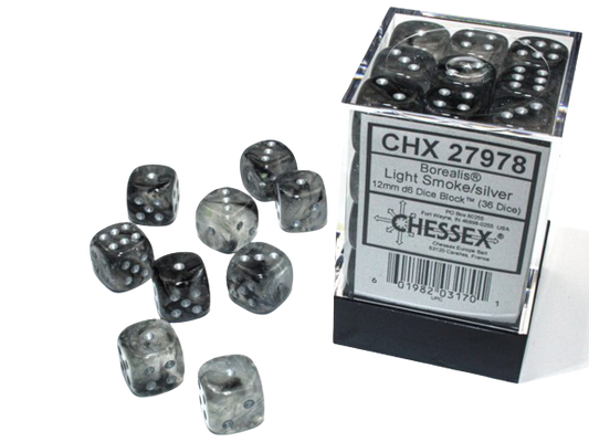 Chessex Borealis Dice Cube 12mm x36 Light Smoke/Silver