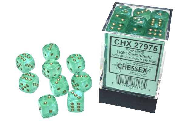 Chessex Borealis Dice Cube 12mm x36 Light Green/Gold