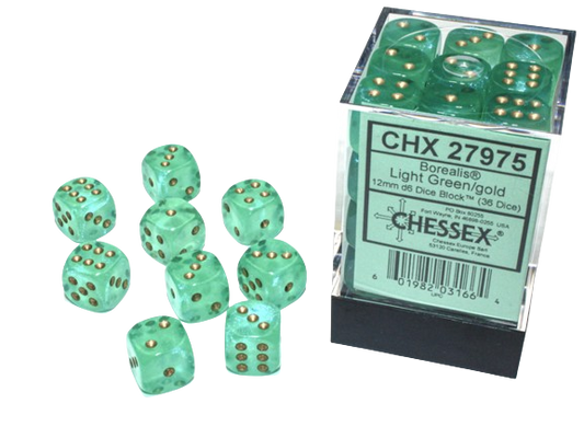 Chessex Borealis Dice Cube 12mm x36 Light Green/Gold