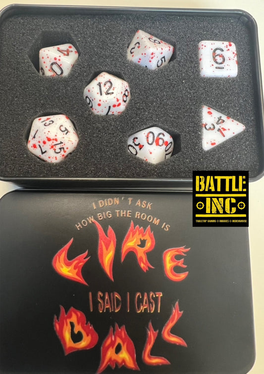 “I didn’t ask how big the room is - I said cast FIRE BALL” Dice Tin with blood splatter dice